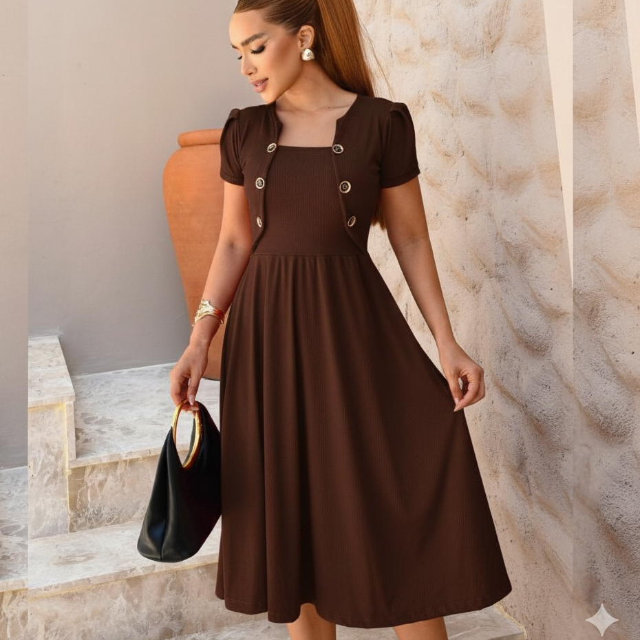 Vestido midi rodado com mangas bufantes do anúncio